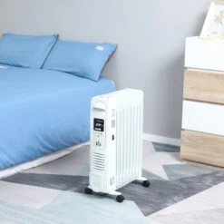 HOMCOM 2180W Oil Filled Radiator, 9 Fin Portable Heater W/ Timer Remote Control White Safety Cut-Off And Remote Control White Radiator Settings -Tower Store 098f42308658fa40e0e5feba57d73aff
