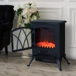HOMCOM 1850W Flame Effect Electric Free Standing Fireplace W/Fan And Log Burning Stove Heater-Black -Tower Store 1645284727 51539600