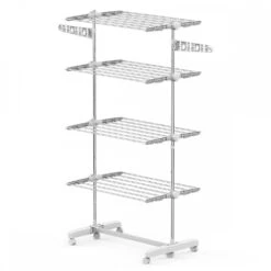 HOMCOM 4 Layers Folding Cloth Hanger Stand Rail Adjustable Garment Rack W/Wheels-White/Silver