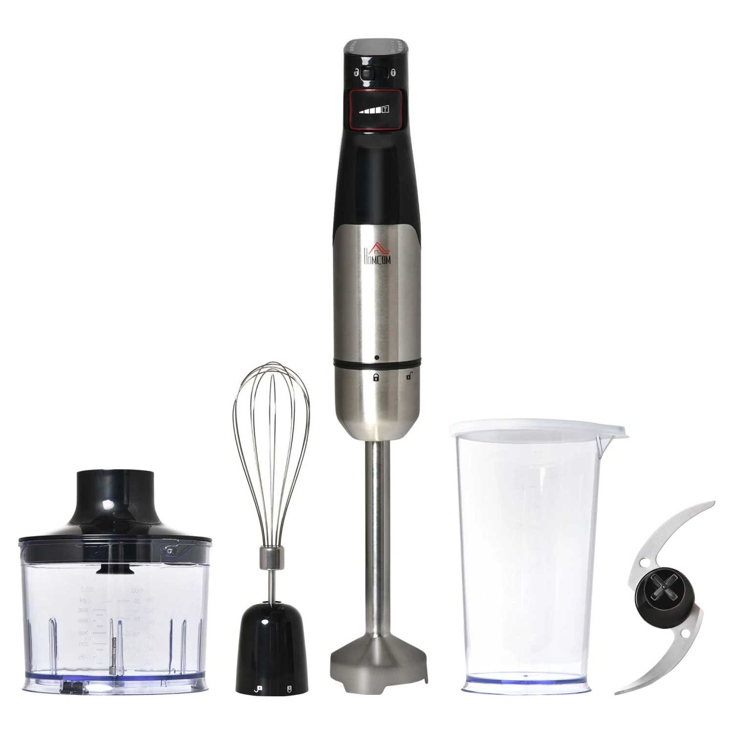 HOMCOM Immersion Hand Blender 1000W, 4 In 1 Handheld Stick Blender With Measuring Cup, Egg Whisk, Chopper Bowl 1 HOMCOM Immersion Hand Blender 1000W, 4 In 1 Handheld Stick Blender With Measuring Cup, Egg Whisk, Chopper Bowl