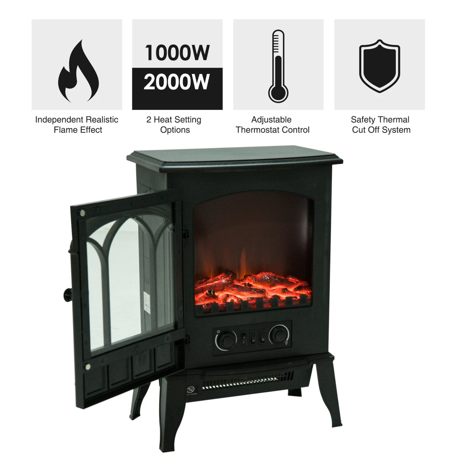 HOMCOM Electric Fireplace Heater Freestanding Stove With LED Flame Effect 1000W/2000W-Black 5 HOMCOM Electric Fireplace Heater Freestanding Stove With LED Flame Effect 1000W/2000W-Black - Image 5