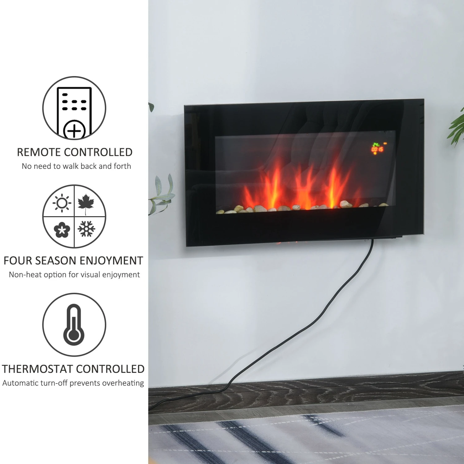 HOMCOM 1000W Wall Mounted Tempered Glass Electric Fireplace Heater Black 4 HOMCOM 1000W Wall Mounted Tempered Glass Electric Fireplace Heater Black - Image 4