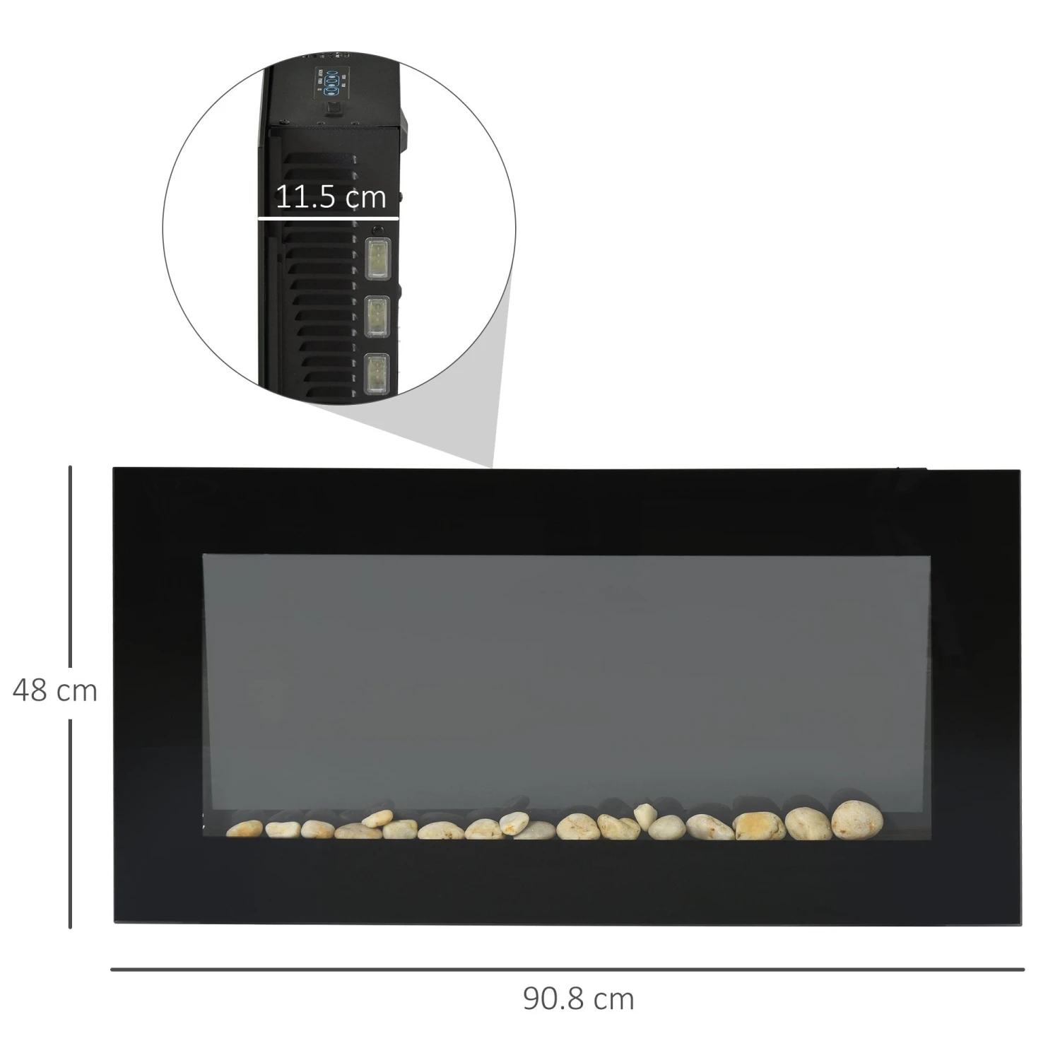 HOMCOM 2000W Wall Mounted Tempered Large LED Flat Glass Electric Fireplace Heater Black 3 HOMCOM 2000W Wall Mounted Tempered Large LED Flat Glass Electric Fireplace Heater Black - Image 3