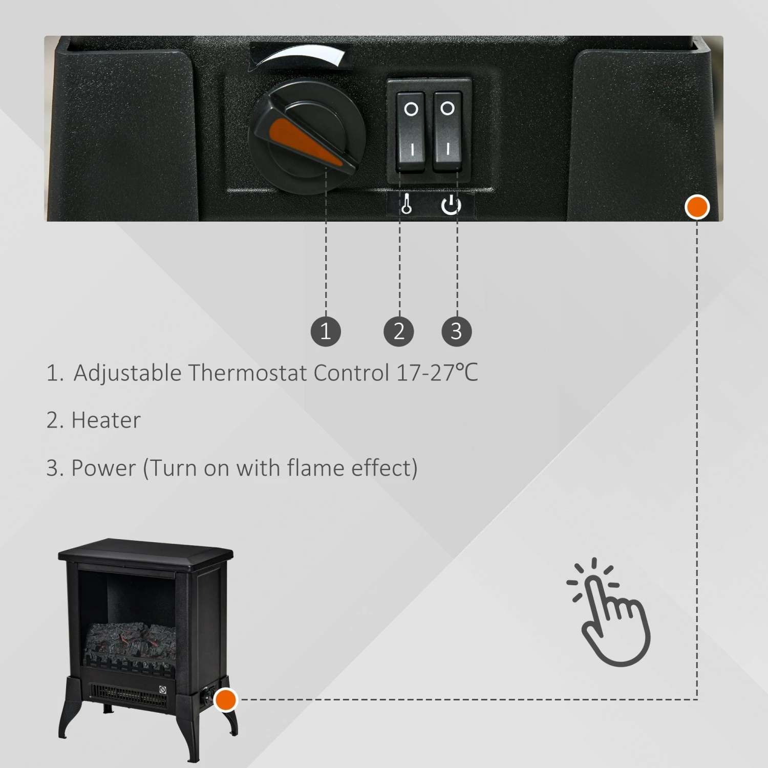 HOMCOM Electric Fireplace Stove, Free Standing Fireplace Heater With Realistic Flame Effect, Adjustable Temperature And Overheat Protection, Black W/ 5 HOMCOM Electric Fireplace Stove, Free Standing Fireplace Heater With Realistic Flame Effect, Adjustable Temperature And Overheat Protection, Black W/ - Image 5