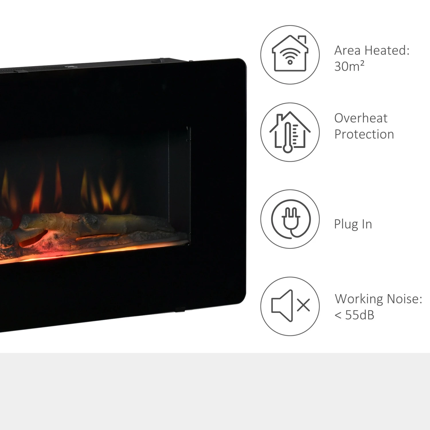 HOMCOM Electric Wall-Mounted Fireplace Heater With Adjustable Flame Effect, Remote Control, Timer, 1800/2000W, Black Wall-Mount W/ Effect Control 6 HOMCOM Electric Wall-Mounted Fireplace Heater With Adjustable Flame Effect, Remote Control, Timer, 1800/2000W, Black Wall-Mount W/ Effect Control - Image 6