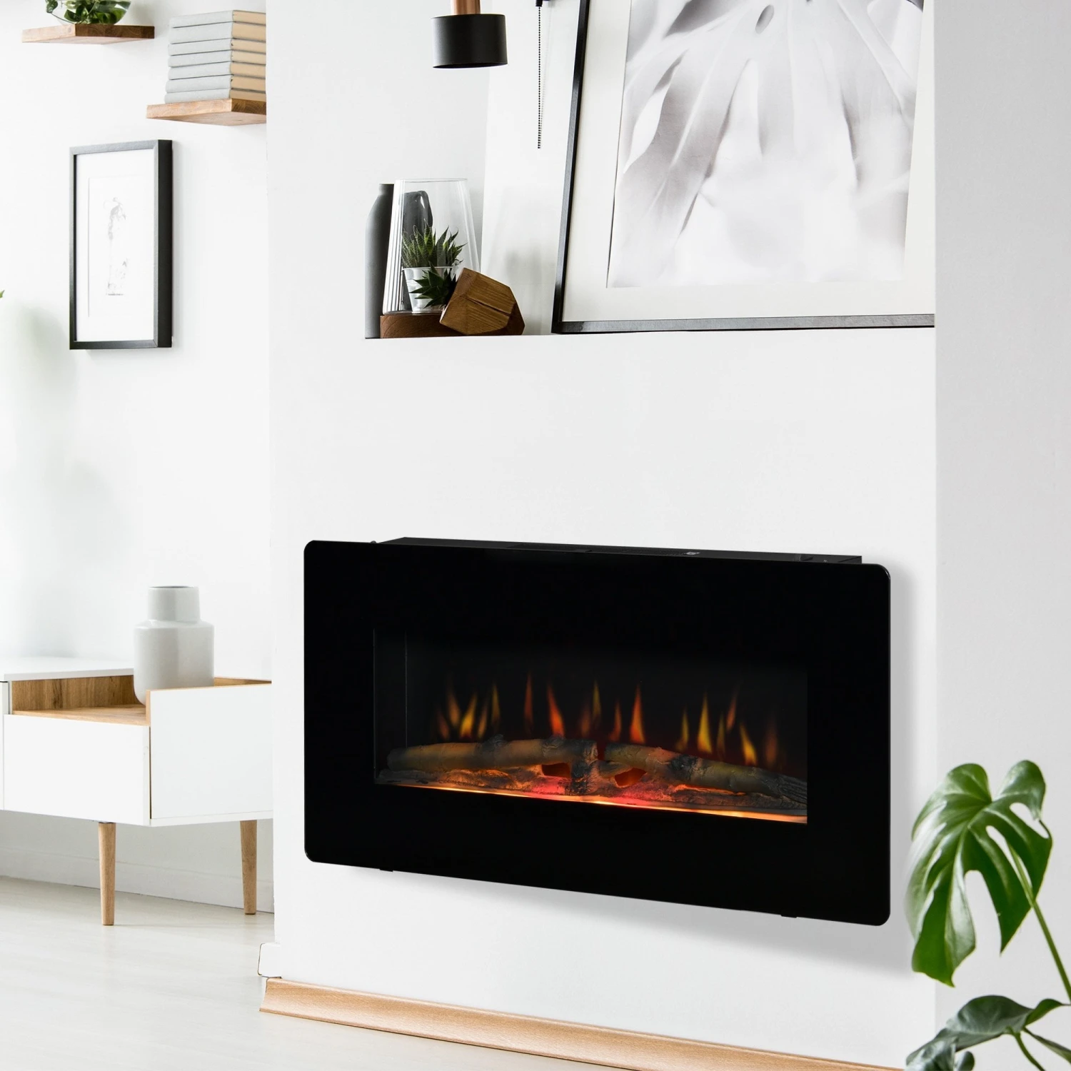 HOMCOM Electric Wall-Mounted Fireplace Heater With Adjustable Flame Effect, Remote Control, Timer, 1800/2000W, Black Wall-Mount W/ Effect Control 10 HOMCOM Electric Wall-Mounted Fireplace Heater With Adjustable Flame Effect, Remote Control, Timer, 1800/2000W, Black Wall-Mount W/ Effect Control - Image 10