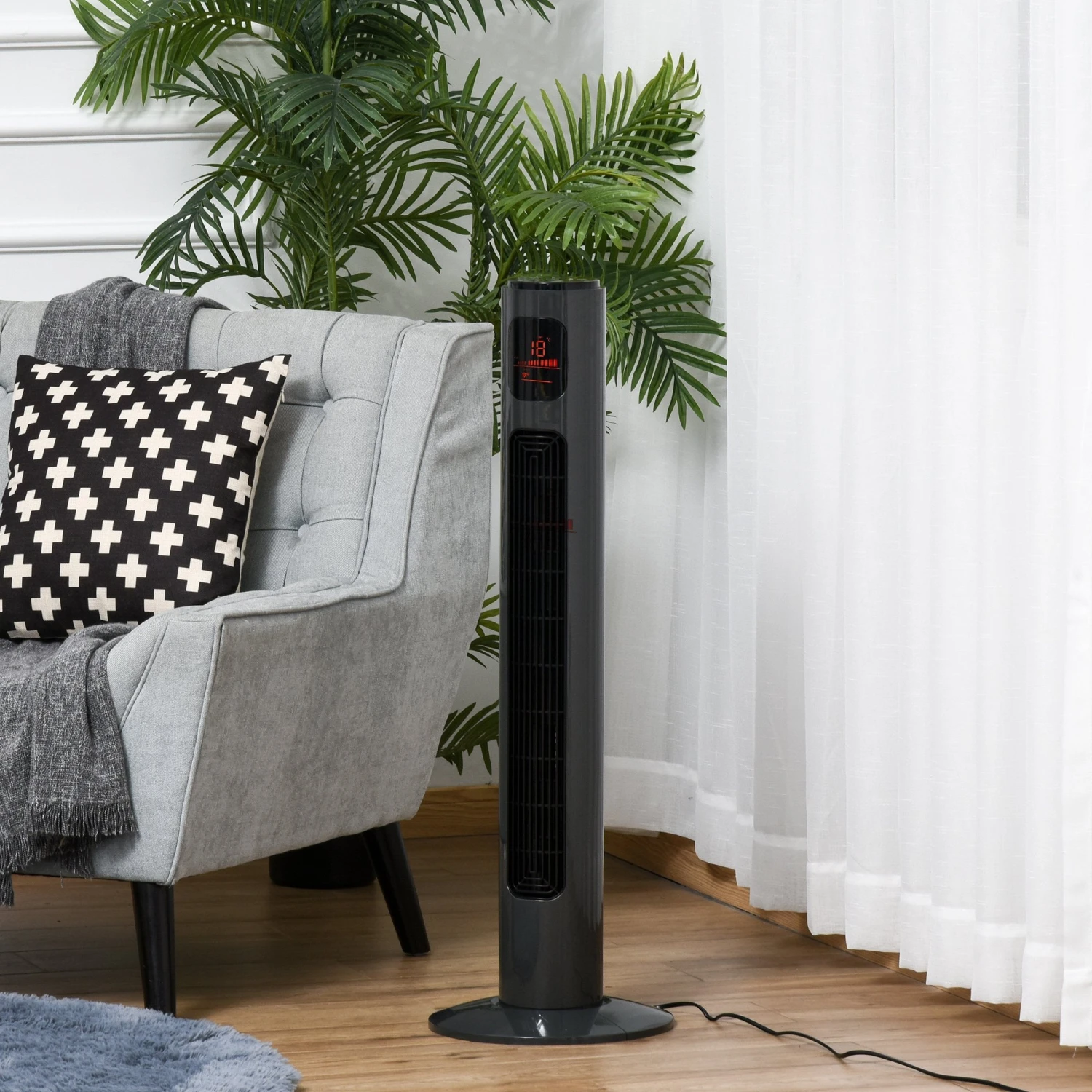 HOMCOM 38'' Freestanding Tower Fan, 3 Speed 3 Mode, 12h Timer, 70 Degree Oscillation, LED Panel, 5M Remote Controller, Dark Grey 2 HOMCOM 38'' Freestanding Tower Fan, 3 Speed 3 Mode, 12h Timer, 70 Degree Oscillation, LED Panel, 5M Remote Controller, Dark Grey - Image 2