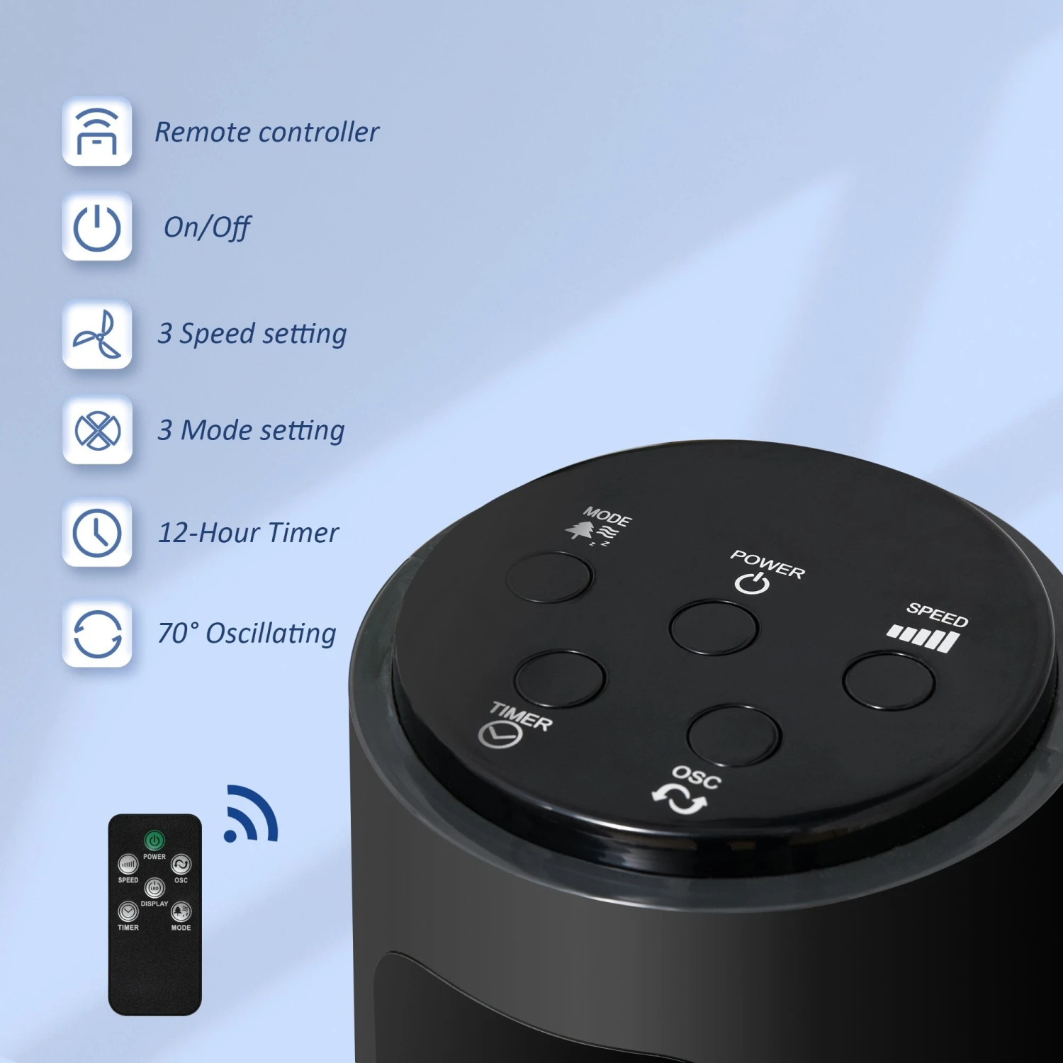 HOMCOM 38'' Freestanding Tower Fan, 3 Speed 3 Mode, 12h Timer, 70 Degree Oscillation, LED Panel, 5M Remote Controller, Dark Grey 5 HOMCOM 38'' Freestanding Tower Fan, 3 Speed 3 Mode, 12h Timer, 70 Degree Oscillation, LED Panel, 5M Remote Controller, Dark Grey - Image 5