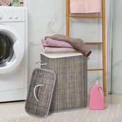 Bamboo Laundry Basket With Flip Lid And String Handles, Collapsible Hamper Removable Lining Board Base Foldable Water-Resistant Dirty Clothes Storage, Grey Handles Lining -Tower Store 1645423100 31034200 8f989467 baed 4801 9144 0eff92c39859