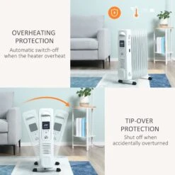 HOMCOM 2180W Oil Filled Radiator, 9 Fin Portable Heater W/ Timer Remote Control White Safety Cut-Off And Remote Control White Radiator Settings -Tower Store 1ceabd388e519b1f5f6847ccb41bef71