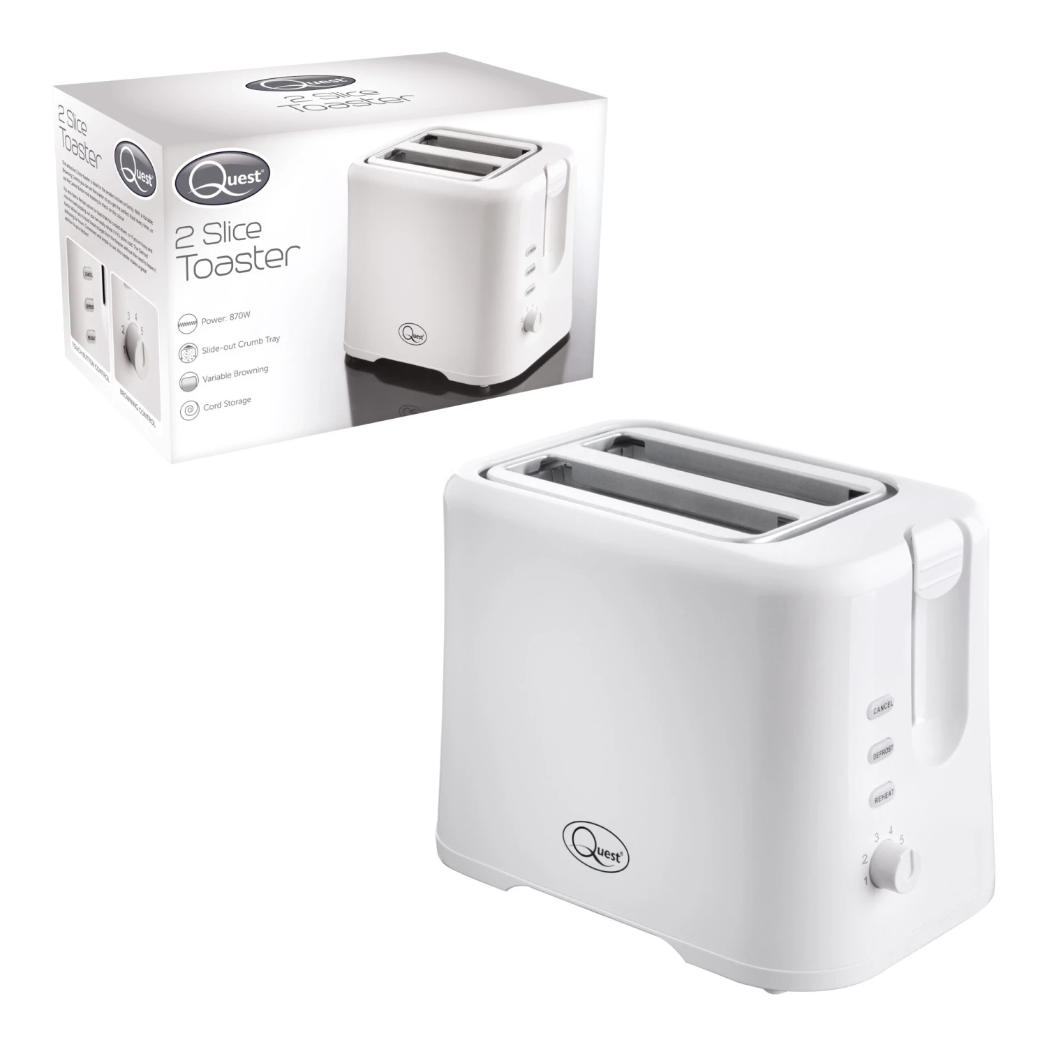 Quest 2 Slice Plastic Toaster - White 3 Quest 2 Slice Plastic Toaster - White - Image 3
