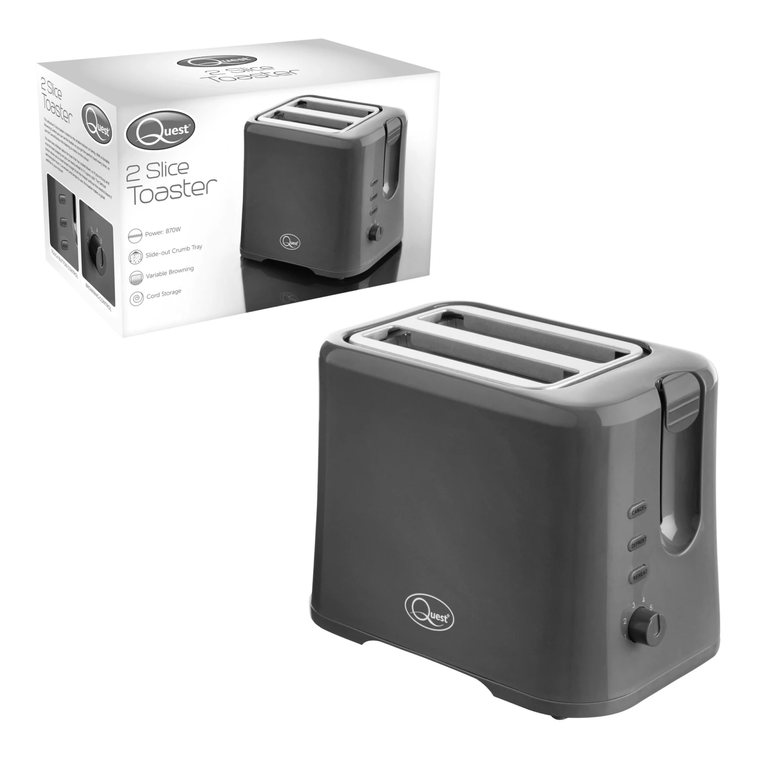 Quest 2 Slice Plastic Toaster - Grey 3 Quest 2 Slice Plastic Toaster - Grey - Image 3