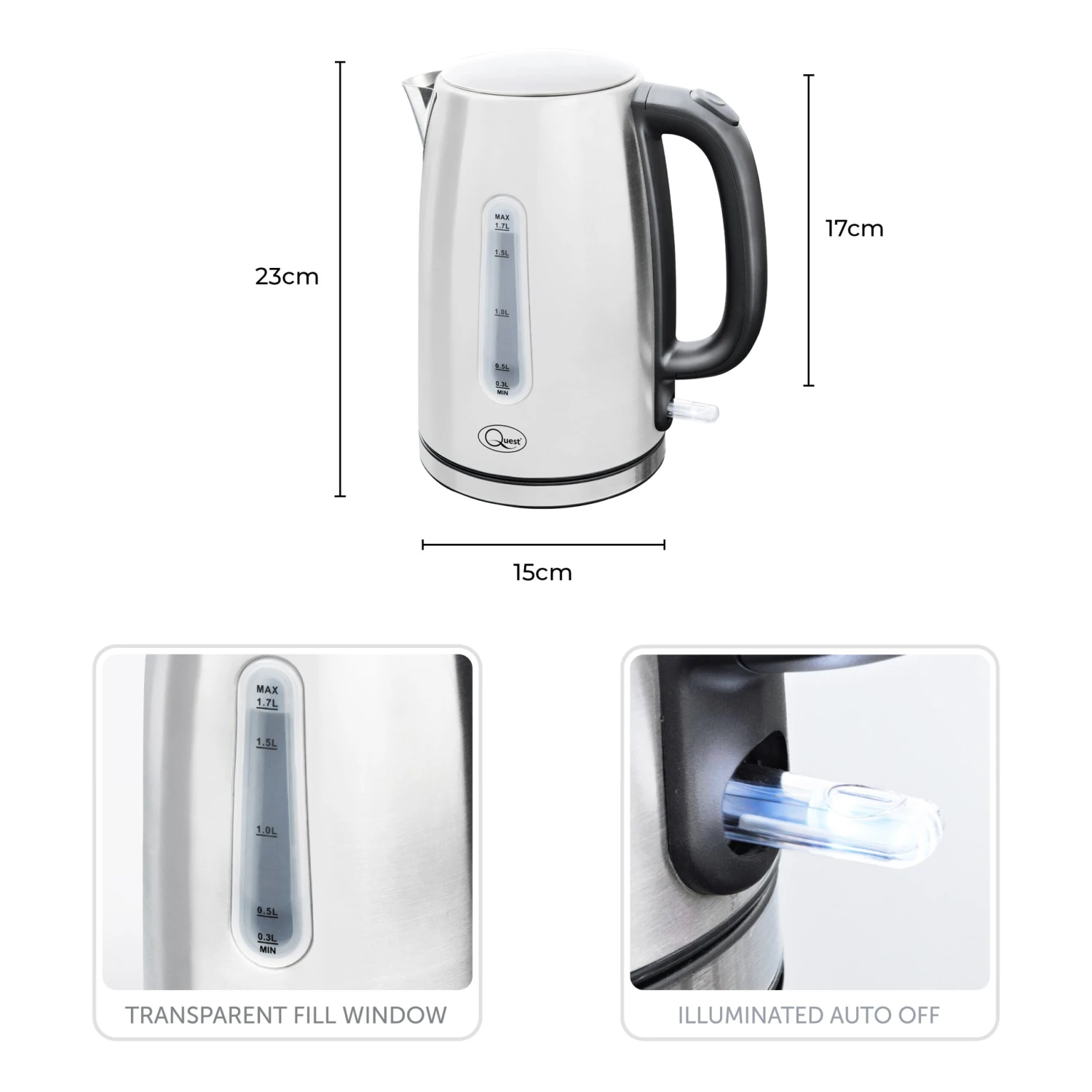 Quest 1.7L 3KW Stainless Steel Jug Kettle - Silver 4 Quest 1.7L 3KW Stainless Steel Jug Kettle - Silver - Image 4