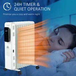 HOMCOM 2720W Oil Filled Radiator, 11 Fin Portable Electric Heater With LED Display, 24H Timer, 3 Heat Settings, Adjustable Thermostat, Safety Cut Off, Remote Control, White -Tower Store 4a40aff729273db42af1c58ade4c897c