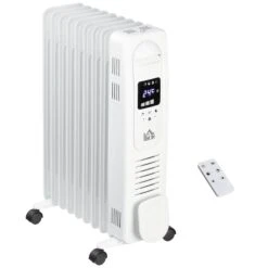HOMCOM 2180W Oil Filled Radiator, 9 Fin Portable Heater W/ Timer Remote Control White Safety Cut-Off And Remote Control White Radiator Settings