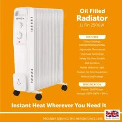 Lewis's Oil Filled Radiator 11 Fin - 2500w White -Tower Store Lewis 11 Fin Oil FIlled Radiator 4340300 3