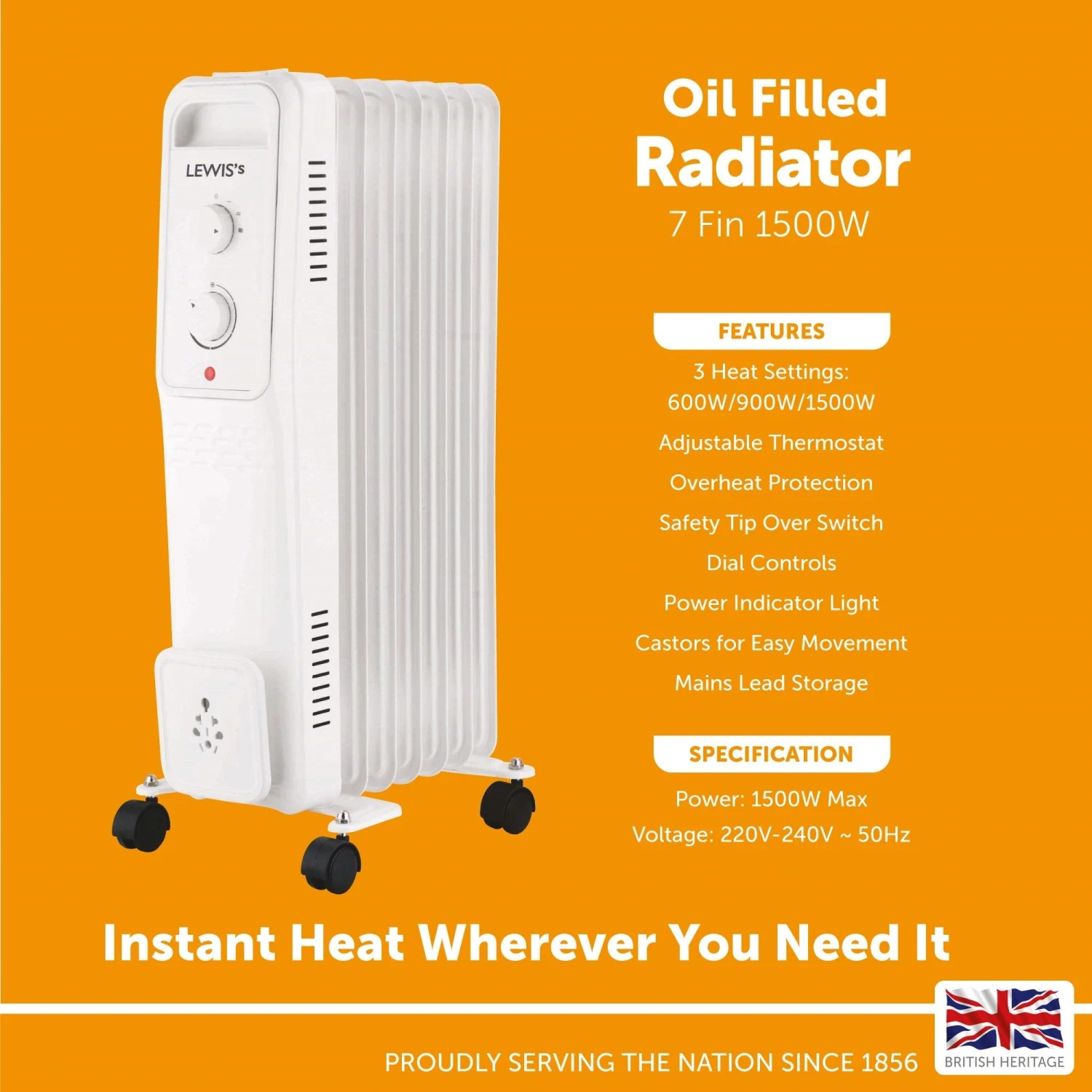 Lewis's Oil Filled Radiator 7 Fin - 1500w White 3 Lewis's Oil Filled Radiator 7 Fin - 1500w White - Image 3