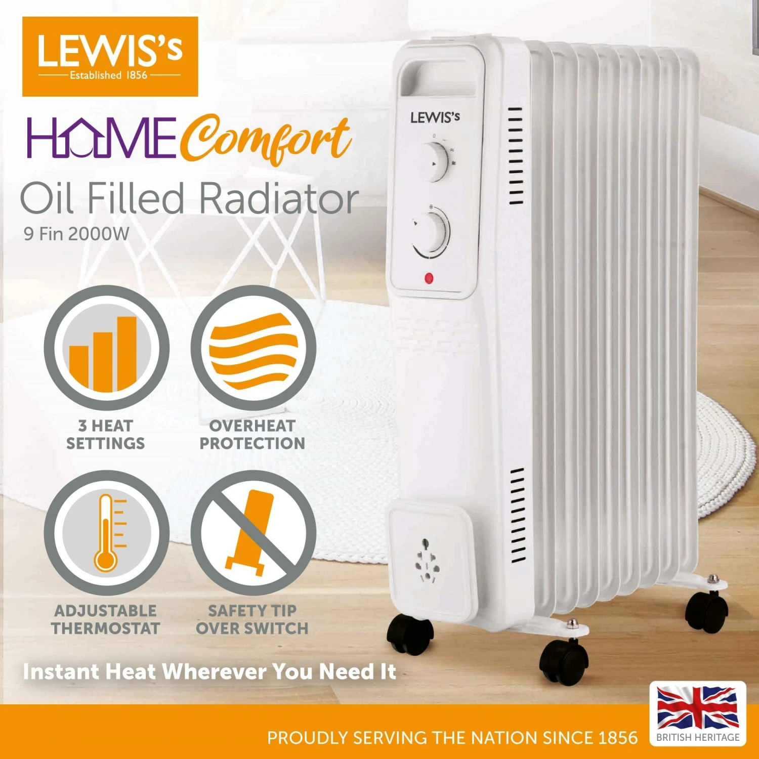 Lewis's Oil Filled Radiator 9 Fin - 2000w White 2 Lewis's Oil Filled Radiator 9 Fin - 2000w White - Image 2