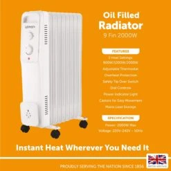 Lewis's Oil Filled Radiator 9 Fin - 2000w White 6 Lewis's Oil Filled Radiator 9 Fin - 2000w White -Tower Store Lewis Oil Filled Radiator 9 Fin 2000w White 4340294 3