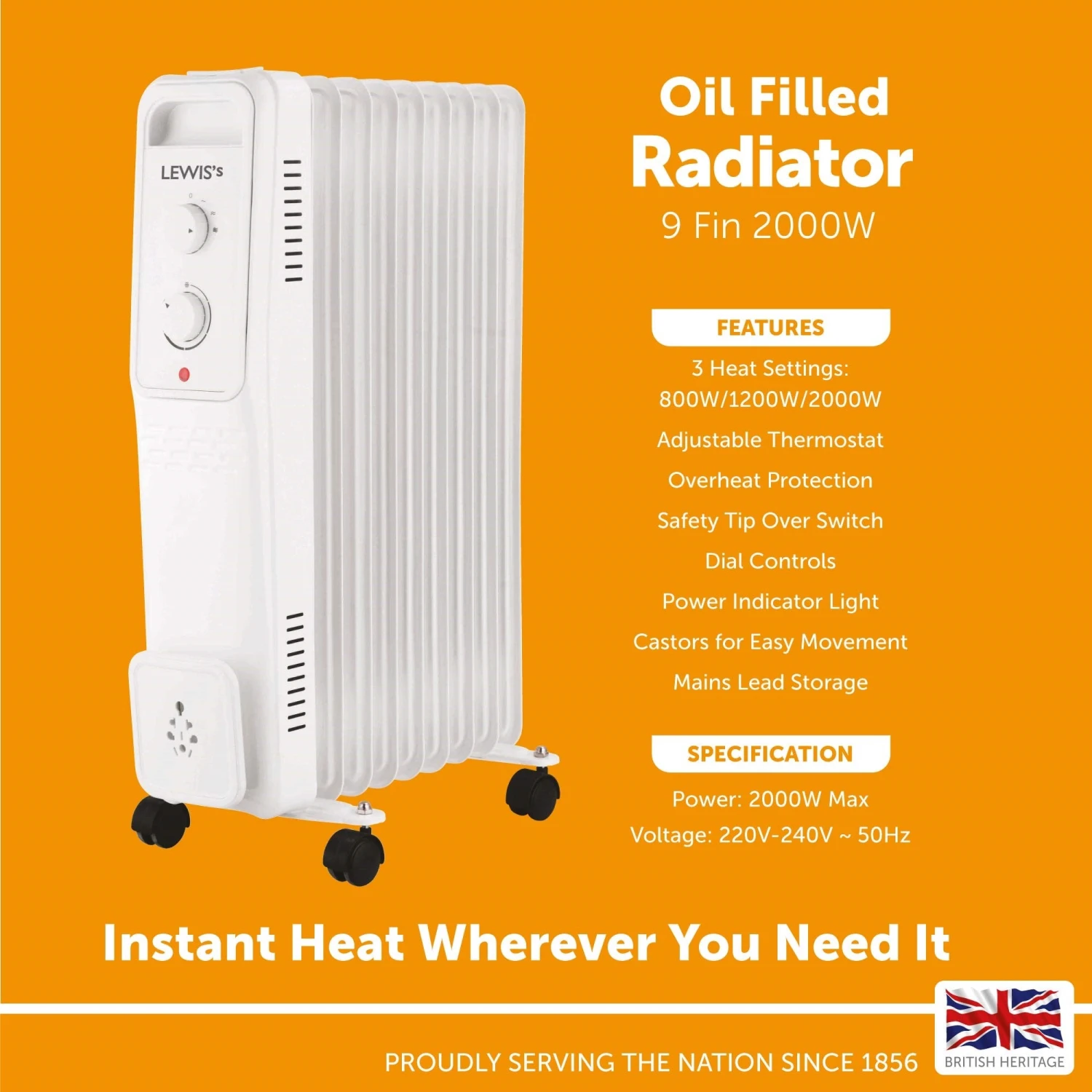 Lewis's Oil Filled Radiator 9 Fin - 2000w White 3 Lewis's Oil Filled Radiator 9 Fin - 2000w White - Image 3