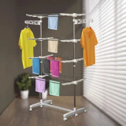 HOMCOM 4 Layers Folding Cloth Hanger Stand Rail Adjustable Garment Rack W/Wheels-White/Silver -Tower Store RGH6ff17ea4fc4642 jpg