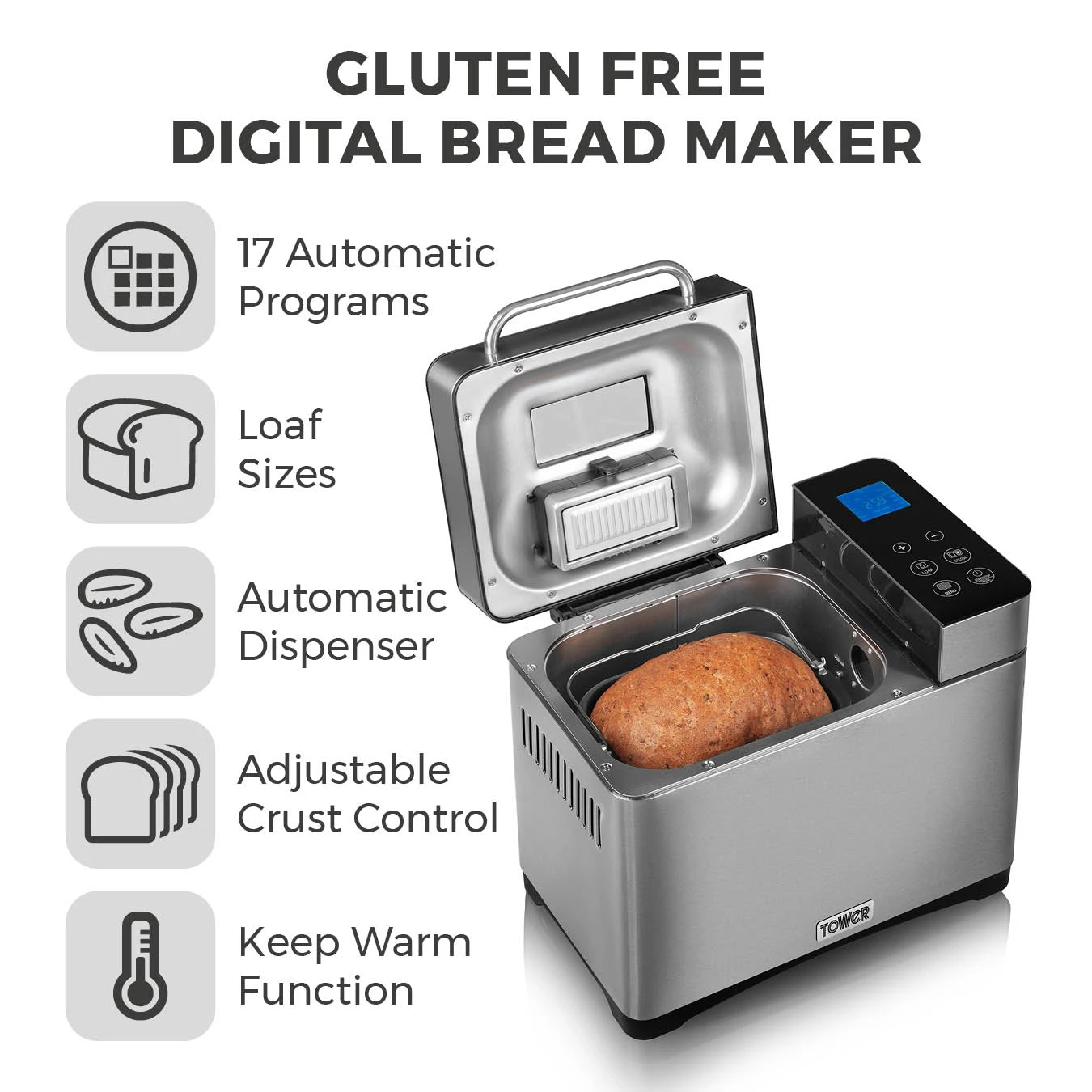 Tower Gluten Free Digital Bread Maker With Nut Dispenser 2 Tower Gluten Free Digital Bread Maker With Nut Dispenser - Image 2