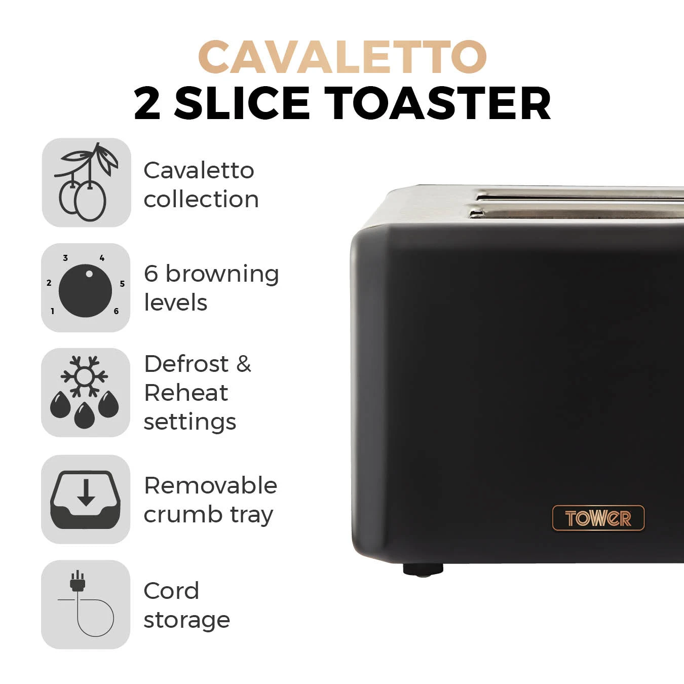 Tower Cavaletto 2 Slice Stainless Steel Toaster - Black 2 Tower Cavaletto 2 Slice Stainless Steel Toaster - Black - Image 2