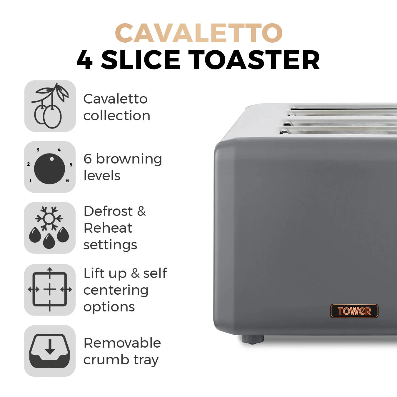 Tower Cavaletto 4 Slice Stainless Steel Toaster - Grey 2 Tower Cavaletto 4 Slice Stainless Steel Toaster - Grey - Image 2