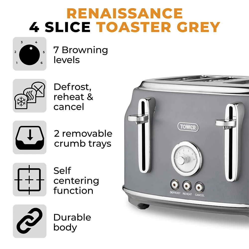 Tower Renaisance 4 Slice Toaster - Grey 2 Tower Renaisance 4 Slice Toaster - Grey - Image 2