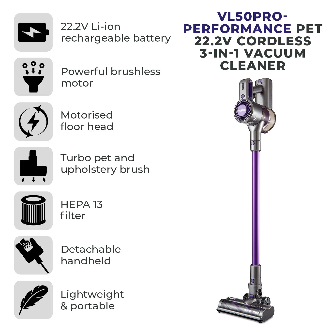 Tower VL50 Pro Performance Pet 22.2V Cordless 3-IN-1 Vacuum Cleaner Purple 2 Tower VL50 Pro Performance Pet 22.2V Cordless 3-IN-1 Vacuum Cleaner Purple - Image 2