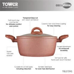 Tower Cerastone 24cm 4.2 Litre Casserole - Rose Pink -Tower Store T81272RS 10