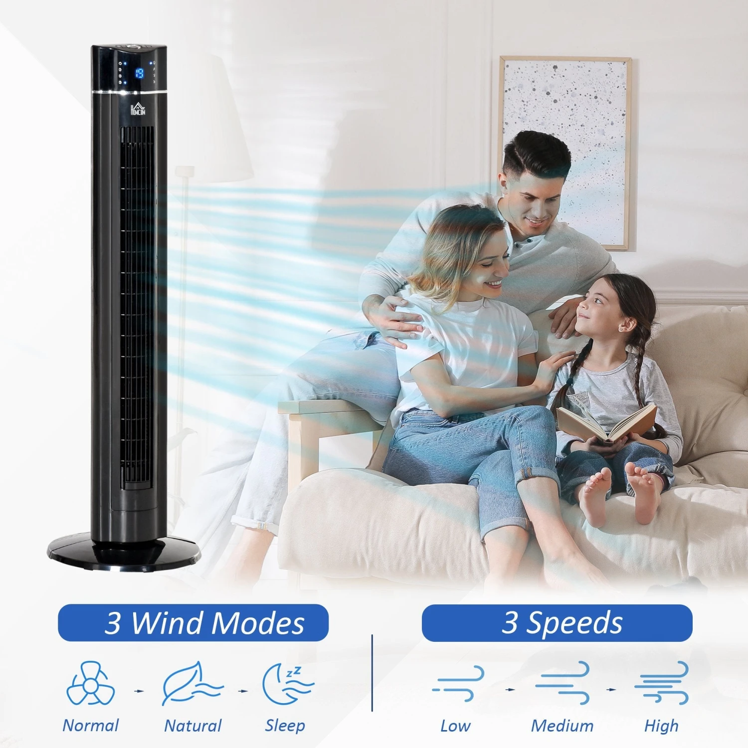 HOMCOM 42" Anion Tower Fan Cooling For Bedroom With 3 Speed, 8h Timer, Oscillating, LED Panel, Remote Controller, Black 4 HOMCOM 42" Anion Tower Fan Cooling For Bedroom With 3 Speed, 8h Timer, Oscillating, LED Panel, Remote Controller, Black - Image 4