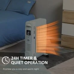 HOMCOM 2180W Oil Filled Radiator, 9 Fin Portable Heater W/ Timer Remote Control White Safety Cut-Off And Remote Control White Radiator Settings -Tower Store f774493e182c8deb8b35fd58dd5a3837