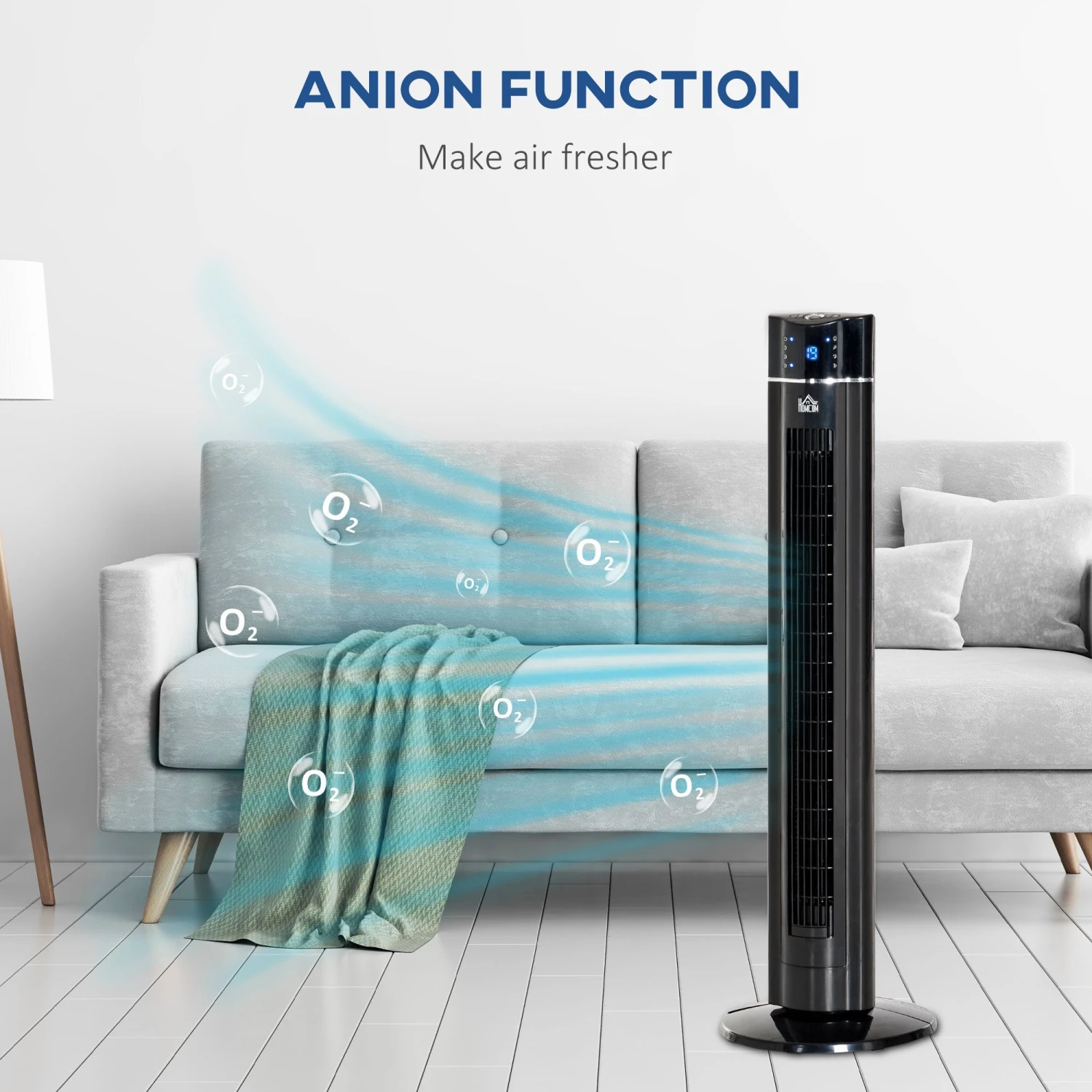 HOMCOM 42" Anion Tower Fan Cooling For Bedroom With 3 Speed, 8h Timer, Oscillating, LED Panel, Remote Controller, Black 5 HOMCOM 42" Anion Tower Fan Cooling For Bedroom With 3 Speed, 8h Timer, Oscillating, LED Panel, Remote Controller, Black - Image 5