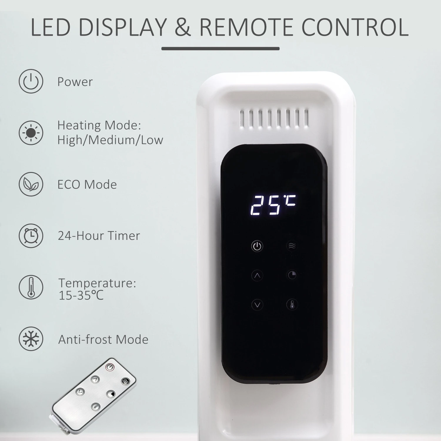 HOMCOM 2180W Oil Filled Radiator, 9 Fin Portable Heater W/ Timer Remote Control White 5 HOMCOM 2180W Oil Filled Radiator, 9 Fin Portable Heater W/ Timer Remote Control White - Image 5