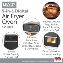 Lewis's Air Fryer Oven Digital 5-in-1 12L - Black -Tower Store lewiss air fryer oven digital 5 in 1 12l black 5